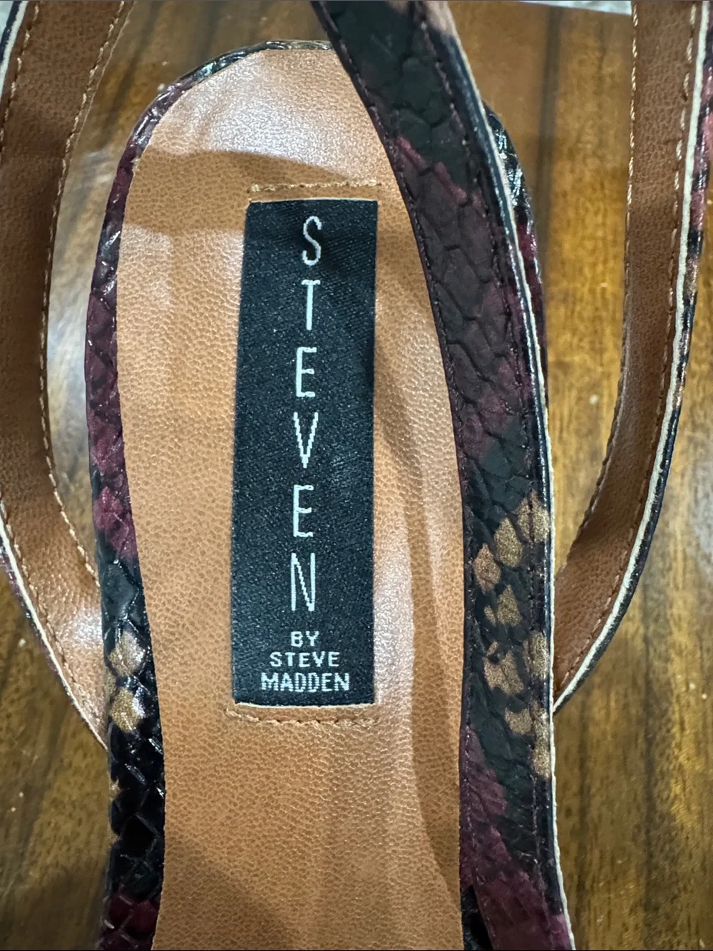 Steven by Steve Madden Burgundy and Black Snake-Print Pointed Toe Slingbacks